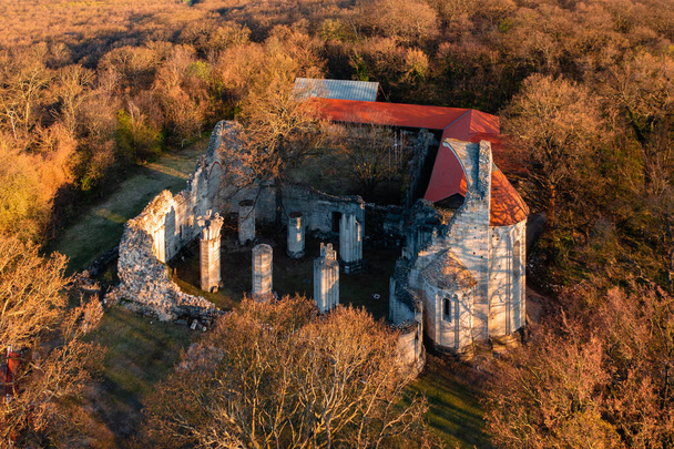 Vertesszentkereszt, Hungary - Aerial view about former benedictine monastery and church ruins. Hiding in the woods between Oroszlany and Pusztavam. Romanesque age architecture. - Photo, Image