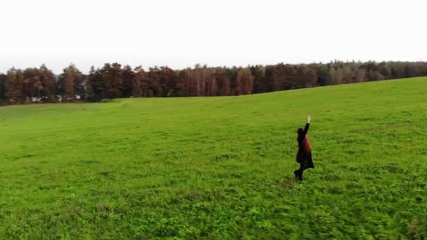Vista superior de uma menina em um casaco de trincheira preto andando através de um campo verde com as mãos até o céu  - Filmagem, Vídeo