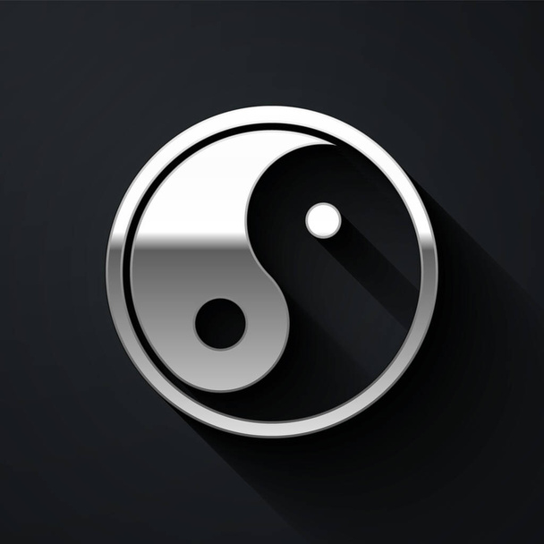 Argent Yin Yang symbole de l'harmonie et l'icône de l'équilibre isolé sur fond noir. Style ombre longue. Vecteur. - Vecteur, image