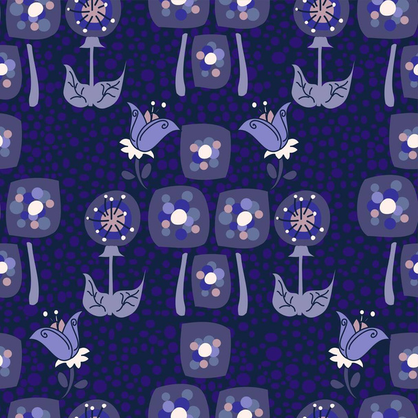 Mély indigó és lila varrat nélküli vektor ismétlődő retro stílus minta dekoratív polka pontok szimmetrikus elrendezésben - Vektor, kép