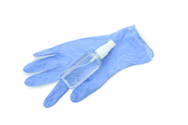 Guantes médicos con antiséptico aislado sobre fondo blanco - Foto, imagen