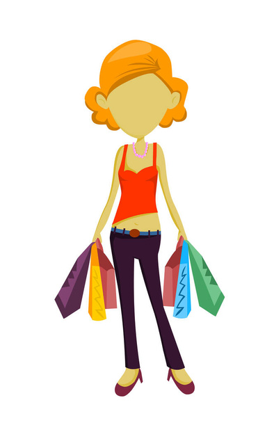 Shopping vrouw illustratie, jonge mode vrouw vector geïsoleerd op witte achtergrond  - Vector, afbeelding