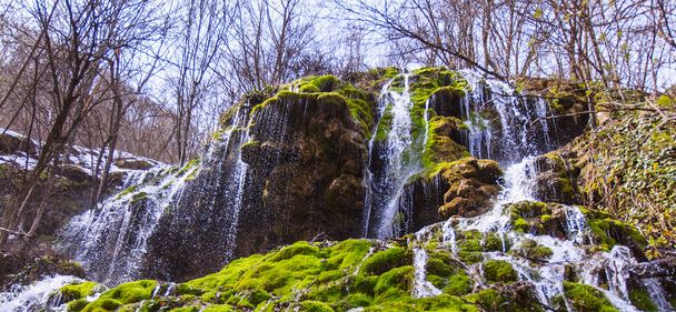 森の中で驚くべき滝ストリーム、早春。自然の風景。シガ滝。Homolje山,東セルビア. - 写真・画像
