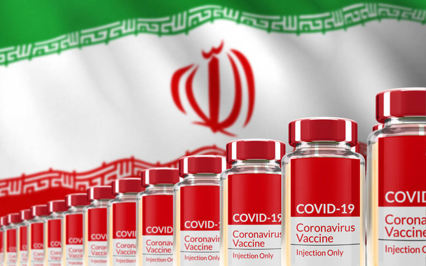 Filas de vários frascos de vacina Covid-19 com a bandeira do Irão em segundo plano. Conceito de produção em massa e inoculação. Renderização 3d. - Foto, Imagem