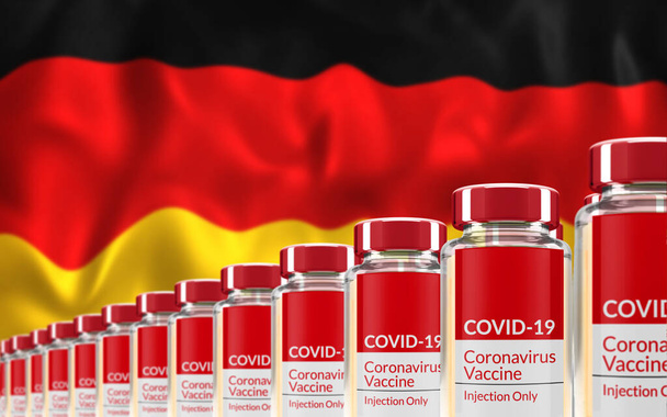 Righe di flaconcini di vaccino Covid-19 multipli con bandiera della Germania sullo sfondo. Concetto di produzione di massa e inoculazione. rendering 3d. - Foto, immagini