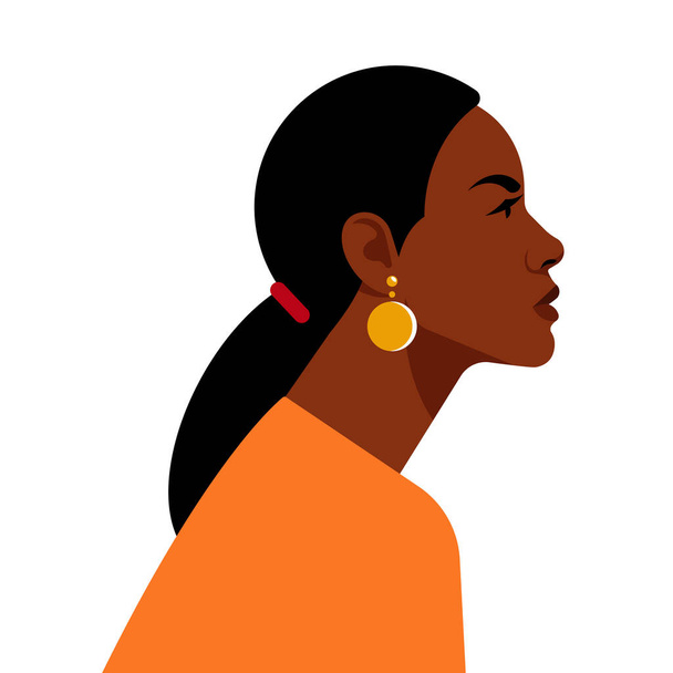 Красивая черная женщина. Молодой африканский американец. Портрет молодой женщины с красивым лицом и хвостиком. Вид сбоку. Изолированный на белом фоне. - Вектор,изображение