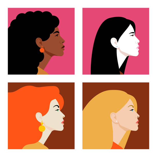 Rostros de mujeres de perfil. Mujeres de diferentes nacionalidades y culturas. Diversidad. Avatares. Ilustración plana vectorial - Vector, Imagen