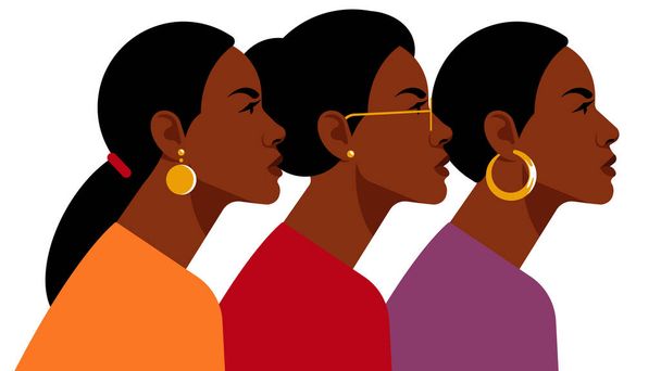 Black women. Group of beautiful women with different hairstyle and clothes. Side view. Modern vector illustration. - Vector, Image