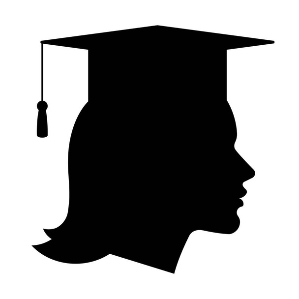 Doktorand - Silhouette einer Frau mit Abschlussmütze. Das Konzept des Universitäts-, Schul- oder Bildungsabschlusses. Weiblicher Kopf, Silhouette, Gesichtsform. Abbildung schwarzer Vektoren. - Vektor, Bild