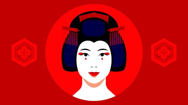 Geisha Portrait - japanilainen geisha meikillä, kampauksella, hiusneuloilla. lähikuva naisen kasvot punaisella taustalla. Käsite japanilainen kulttuuri, perinteinen vaate. Vektori moderni joukko avatar, kuvakkeet. - Vektori, kuva