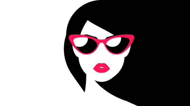 Abstraktní plakát s ženskou tváří - červené rty, zuby, moderní brýle, bílá kůže, dlouhé černé vlasy. Lesklé rudé rty, silueta obličeje, smyslný portrét ženy. Současné módní umění.  - Vektor, obrázek