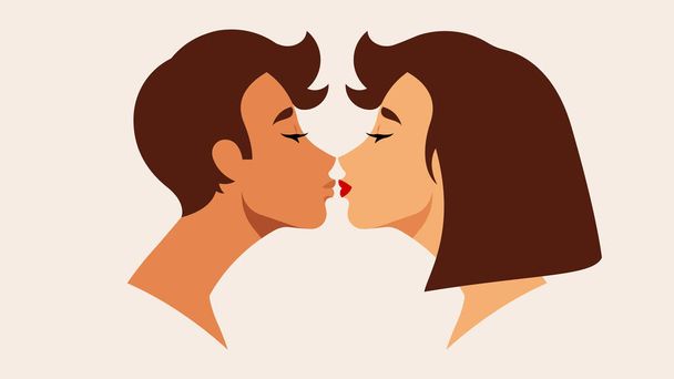 Tender kiss between young man and woman. Falling in love people are kissing. Beautiful couple, human silhouettes, side view. Concept of love, the dating, Valentines day. Contemporary modern vector. - Вектор, зображення
