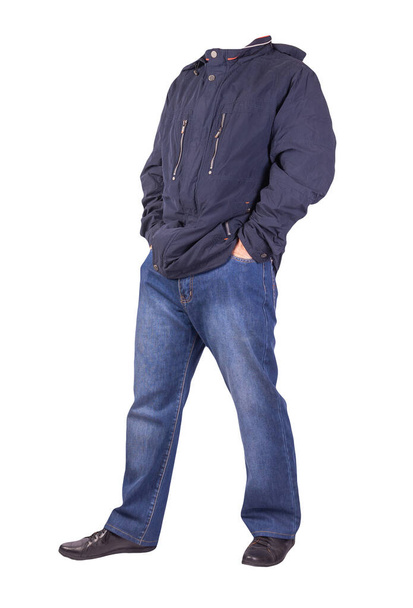 dark blue jeans, black leather shoes,dark blue  jacket with a hood isolated on white background. Casual style - 写真・画像