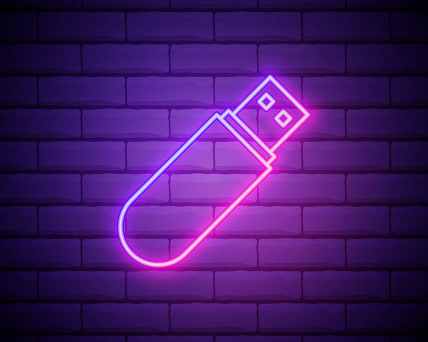 usb flash driver neon glow icon. Simple thin line, outline vector of Technology icons for UI and UX, website or mobile application isoalted on brick wall - Vector, Image