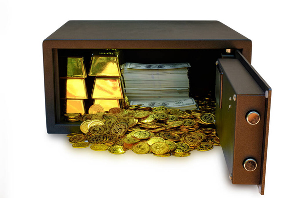 Caixa de cofres de aço cheia de moedas pilha e barra de ouro e nota de 100 USD no fundo branco com caminho de recorte, conceito de banco de negócios - Foto, Imagem