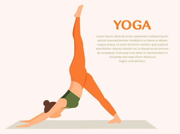 Vrouw die yoga fitness gymnastiek beoefent. Banner met illustratie van vrouw die yoga asana doet of pilates oefening op mat Vector Illustratie. Meisje staande in 3 benige neerwaartse hond pose - Vector, afbeelding