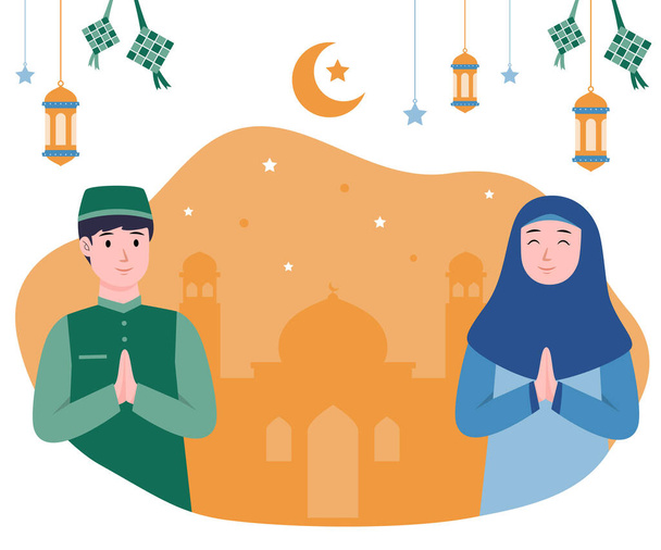 Feliz Eid mubarak fondo con el carácter musulmán vector - Vector, Imagen