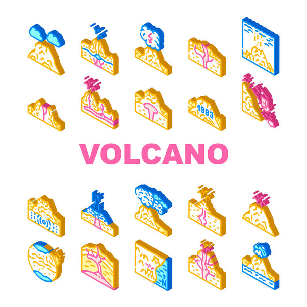 Vulcão Lava Erupção Coleção Ícones Set Vector. Vulcão sob a água e Stratovulcano Montanha, Bomba vulcânica, Magma, Trovoada suja e lama Isométrica Signo Ilustrações de cor - Vetor, Imagem