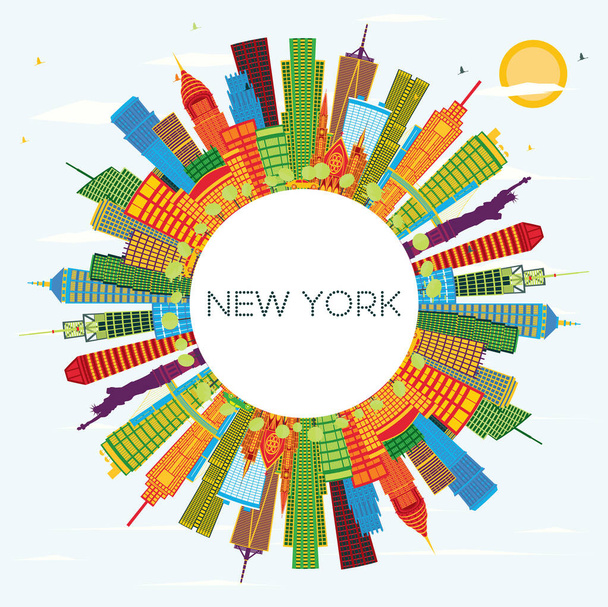 New York USA City Skyline with Color Skyscrapers, Blue Sky and Copy Space. Vector Illustration. Business Travel and Tourism Concept with Modern Architecture. New York Cityscape with Landmarks. - Vector, imagen