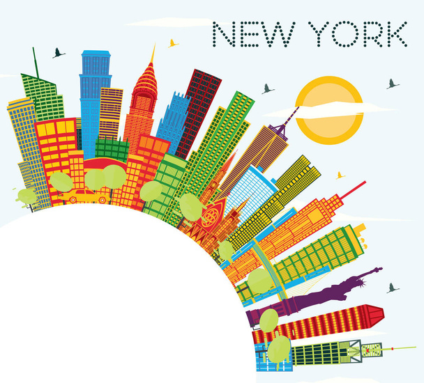 New York USA City Skyline with Color Skyscrapers, Blue Sky and Copy Space. Vector Illustration. Business Travel and Tourism Concept with Modern Architecture. New York Cityscape with Landmarks. - Vector, Imagen