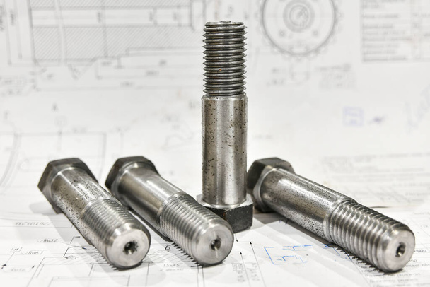 Threaded bolts in technical drawings after turning. - Photo, Image