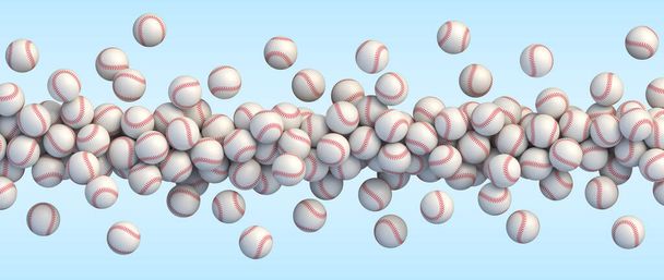 Baseball fliegende Bälle. Viele weiße Baseballbälle mit roten Nähten fliegen über blauen Hintergrund. Realistischer Vektorhintergrund - Vektor, Bild