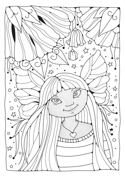 Omalovánky pro děti a dospělé. Pohádková dívka stojí v kouzelné zahradě s květinami. Čára umění. Ilustrace pro zbarvení. - Vektor, obrázek