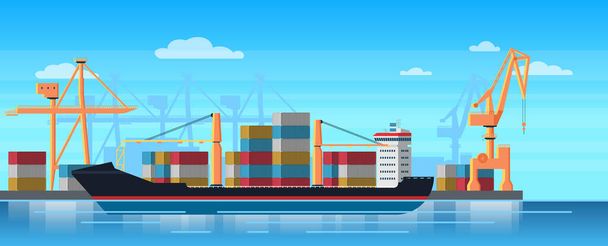 Logistik-LKW und Transport-Containerschiff. Frachthafen mit Industriekranen. Schiffswerft-Vektorillustration. - Vektor, Bild