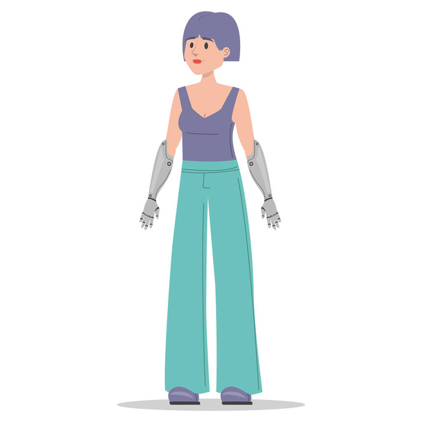 Donna con protesi alle braccia isolata. Arti bioniche, donna amputata. Concetto di persone disabili. Felice bella donna in piedi. - Vettoriali, immagini