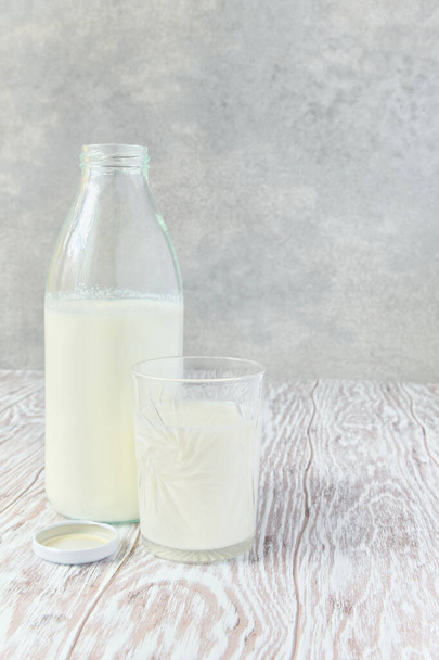 Milk in bottle and glass. In front of gray background. With copy space - Foto, immagini