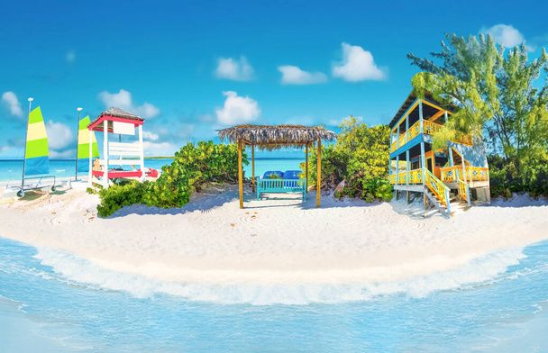 Half Moon Cay - malý karibský ostrov na Bahamách. Modrá voda a bílý písek. Koláž - Fotografie, Obrázek