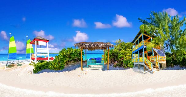 Half Moon Cay - pequeña isla caribeña en Bahamas. Agua azul y arena blanca. Collage. - Foto, Imagen