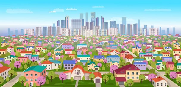  Suburban landscape.View of high-rise buildings and countryside.Cartoon vector illustration - Vector, Image