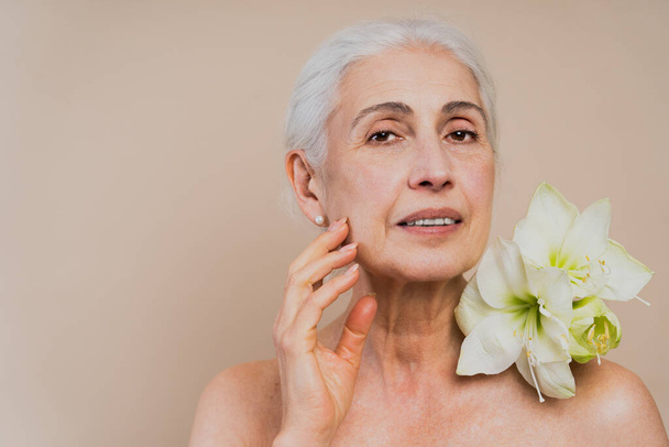 Beautiful senior women with young and clean look, beauty shot - Pretty senior ladies over 60 with perfect skin, concepts about elderly, beauty treatment and skin care - 写真・画像