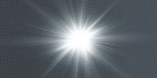 Le soleil brille de rayons lumineux avec des reflets réalistes. Étoile claire sur fond noir transparent. - Vecteur, image