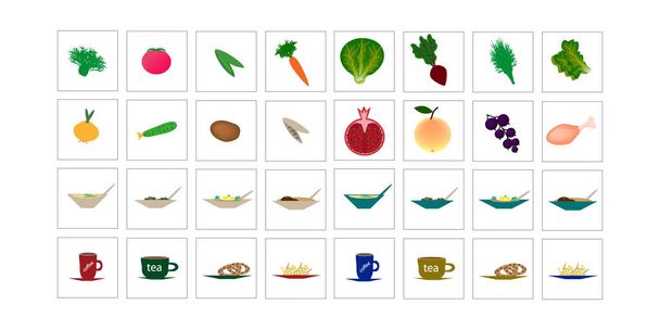 Набор икон с едой, овощами, фруктами. Векторная иллюстрация - Вектор,изображение