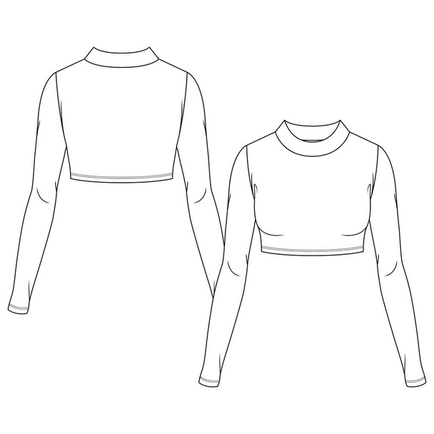 女性モックネッククロップトップファッションフラットスケッチテンプレート。女の子技術的なファッションイラスト。長い袖。ストレッチニット - ベクター画像
