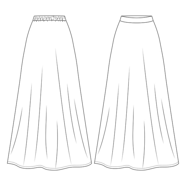 Femmes Long Maxi Longueur Jupe mode plat modèle de croquis. Illustration de mode technique pour filles. A-Line avec élastique au dos - Vecteur, image