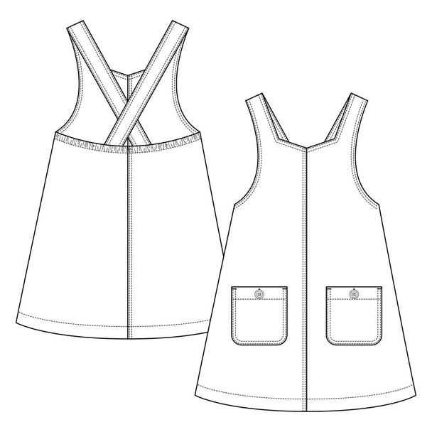 Baby Girls Woven Pinaffore μόδα επίπεδη σκίτσο πρότυπο. Παιδικό Jumper Φόρεμα Τεχνική Εικόνα Μόδας. Εμπρός τσέπες με λεπτομέρειες κουμπιού.Κεντρική μπροστινή ραφή - Διάνυσμα, εικόνα