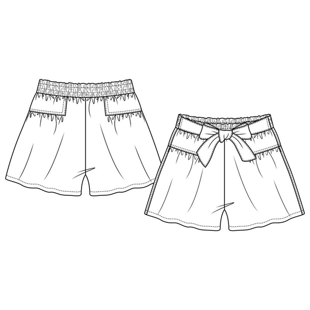 Carino ragazze Flare Shorts con fiocco anteriore moda modello di schizzo piatto. Illustrazione tecnica della moda per bambini. Vita elastica ricoperta. Tagliare e cucire con dettagli shirring  - Vettoriali, immagini
