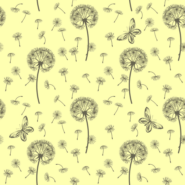 Seamless pattern of dandelions and butterflies on a yellow background. For wrapping paper, design and decoration. Vector illustration. - Vector, Imagen