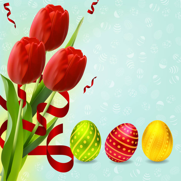 Tulipány na velikonoční kartě s červenými, zelenými a žlutými vejci. Červené tulipány. Velikonoční vajíčka v různých barvách. Pozadí s velikonočními vejci. Jarní květiny červené tulipány. - Vektor, obrázek