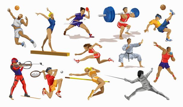 Sport people set. Collection of different sport activity. Professional athlet doing sport. Basketball, football,karate,tennis,sprint,gymnastic,weightlifter . Vector illustration in cartoon style. - Vector, Image