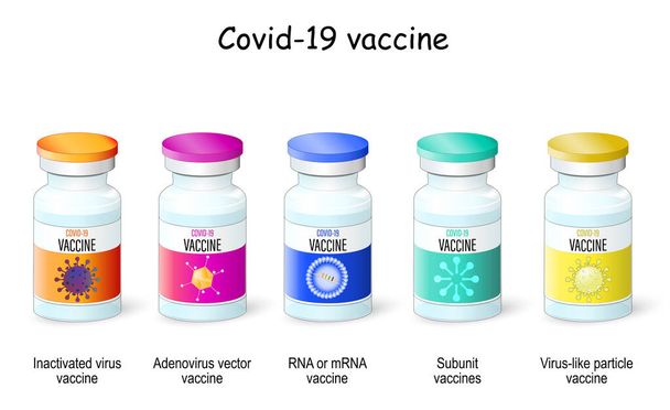 COVID-19 Tipos de vacinas: vetor de adenovírus, vírus inativados, partículas semelhantes a vírus, RNA ou mRNA e vacinas de subunit. Vacinação contra coronavírus. frascos para injetáveis de vacina contra o vírus SARS-CoV-2 - Vetor, Imagem