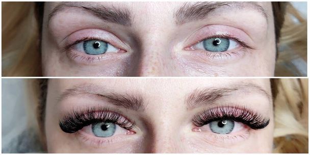 Les yeux bleus de la femme avant et après les extensions de cils dans le salon de beauté  - Photo, image