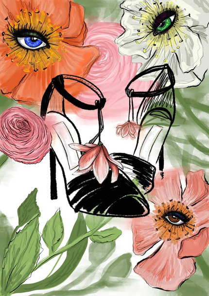 Ilustração de moda desenhada à mão de sapatos pretos de salto alto com decoração de flor de magnólia, dentro de jardim de fadas com peônias rosa, coral e camélias brancas, que têm olhos, e folhas verdes - Foto, Imagem