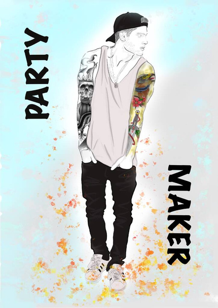 Χειροποίητη απεικόνιση ενός φανταστικού αγοριού με φωτεινά τατουάζ, αλυσίδες λαιμού, σε t-shirt, τζιν, sneakers και καπέλο, σε πολύχρωμο αφηρημένο φόντο. Καρτ-ποστάλ με επιγραφέα. Τατουάζ στούντιο τέχνης λογότυπο. - Φωτογραφία, εικόνα