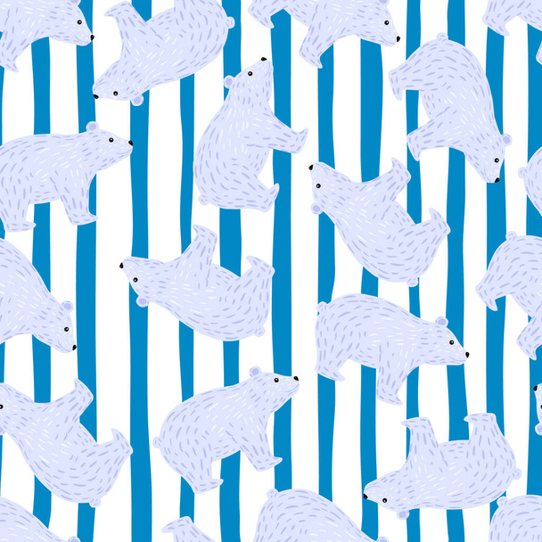 Abstract random seamless pattern with simple polar bear silhouettes ornament. Striped blue background. Perfect for fabric design, textile print, wrapping, cover. Vector illustration. - Vector, Image