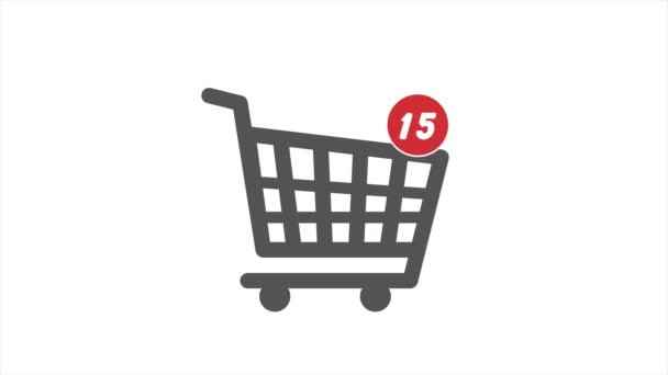 Close up shot animation of shopping cart icon on computer screen with animated counting numbers add online commodity on shopping page. - Metraje, vídeo