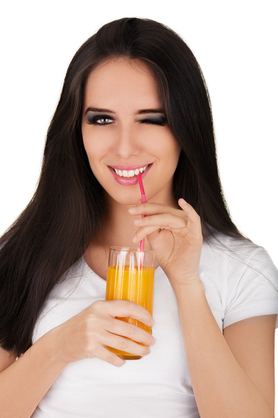 Girl Drinking Orange Juice in White T-Shirt - Photo, Image